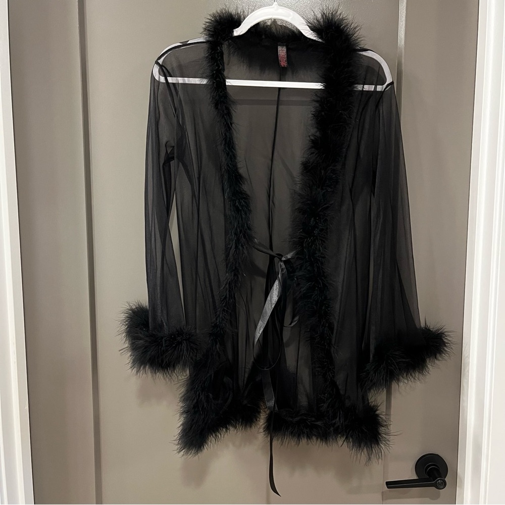 Black Sheer Robe with Feather Trim